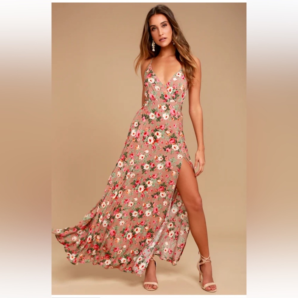 Lulu's Floral Maxi Dress in Tan & Pink